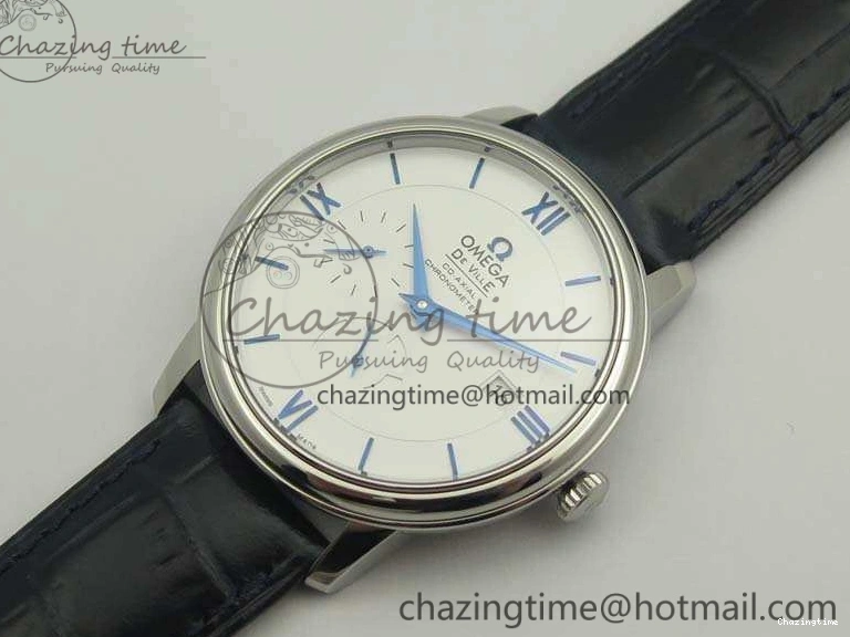 0218 Fashionable De Ville Prestige Real Power Reserve SS TW 1:1 Best Edition White Dial Blue Markers On Leather Strap A 8094